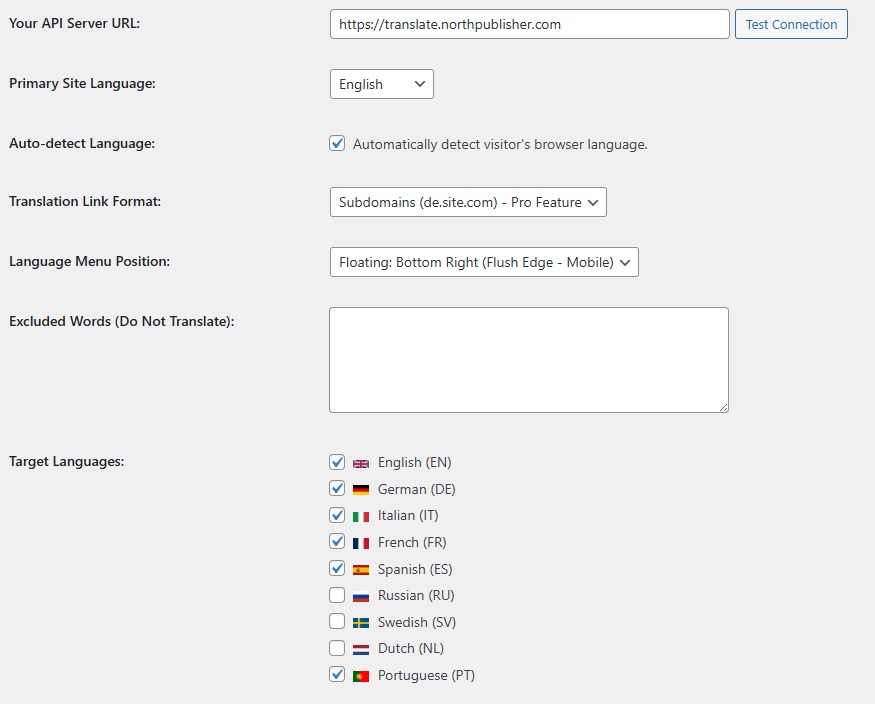 Visão Geral das Configurações do Libre Translate